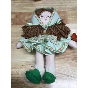 Vintage Cute Handmade Fabric Brown Yarn Braids & Floral Dress Girl Doll